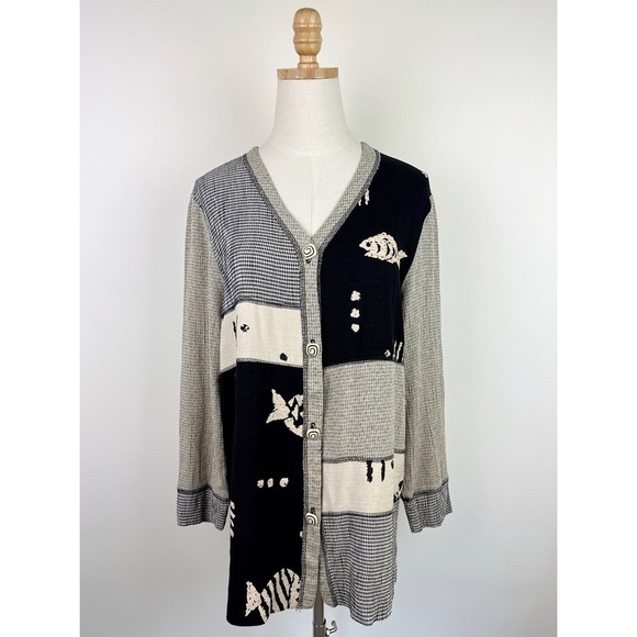 Vintage 90's Gingham Fish Print Cardigan - Picture 1 of 11